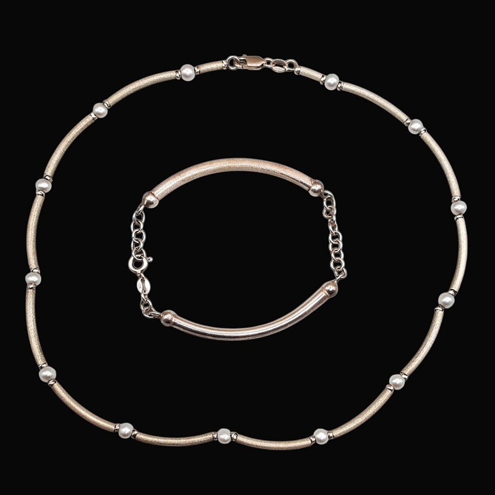 Vintage 925 Silver And Pearl Fluted Tube Chocker Style Necklace And Bracelet Set